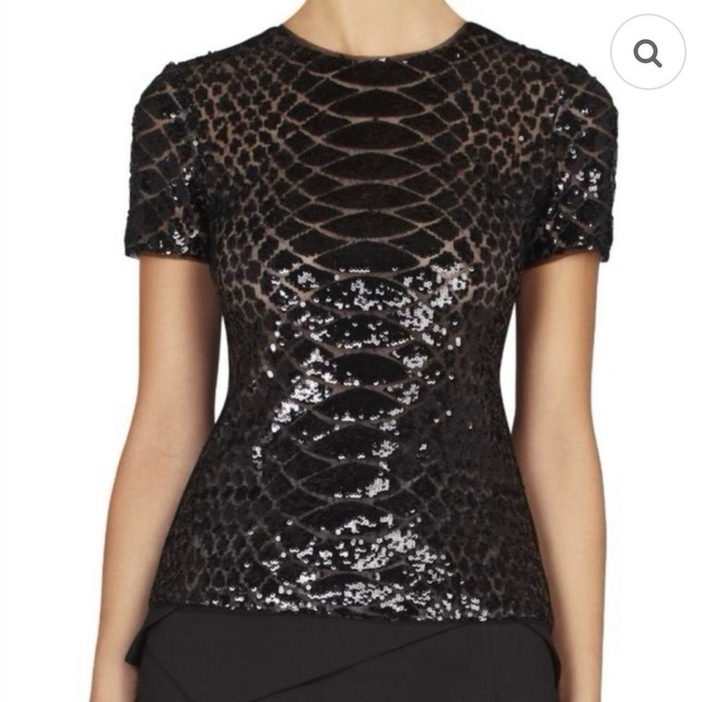 NWT BCBGMaxAzria “Larson” Black Sequin Snake Skin Short Sleeve Top